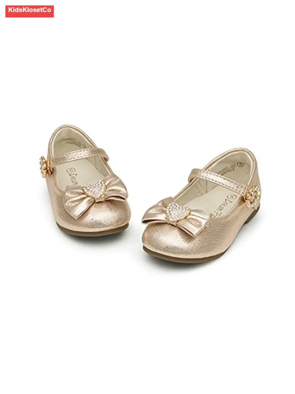 Girls Heart Rhinestone Bow Ballerina Flat Dress Shoes with Hook & Loop Strap